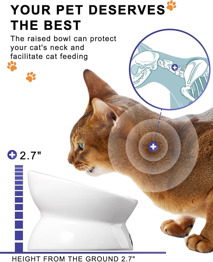 Y YHY Elevated Tilted Cat Bowl, Raised Pet Bowl for Adult Cats or Dogs, Ceramic Food Dish 10 oz, White