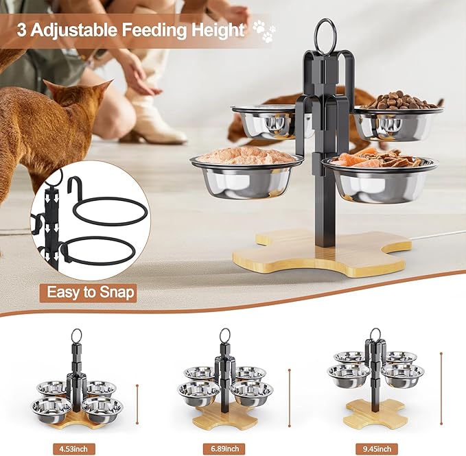Elevated Cat Food Bowls, 3 Adjustable Heights Raised Cats Bowl for Indoor Cats Small Dogs with 4 Stainless Steel Bowls, Pet Food and Water Bowl