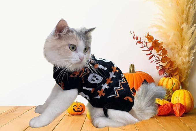 Vehomy 2Pcs Pet Halloween Sweaters Dog Halloween Pumpkin Sweater Kitten Cat Holiday Theme Turtleneck Knitwear Shirt with Pumpkin Skull Patterns Dog Puppy Halloween Costume Clothes for Small Dogs M