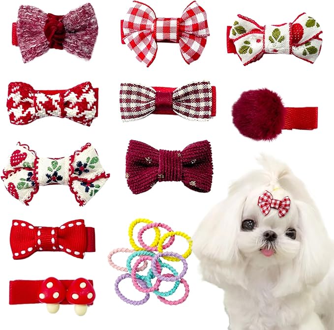 Red Dog Hair Clips and Rubber Bands Small Dog Bows Burgundy Cute Pet Grooming Accessories Alligator Clips Stay In Hair Dark Red Barrettes Hairpin Pet Headdress Bowknot Yorkie Puppy Maltese Girls Dogs