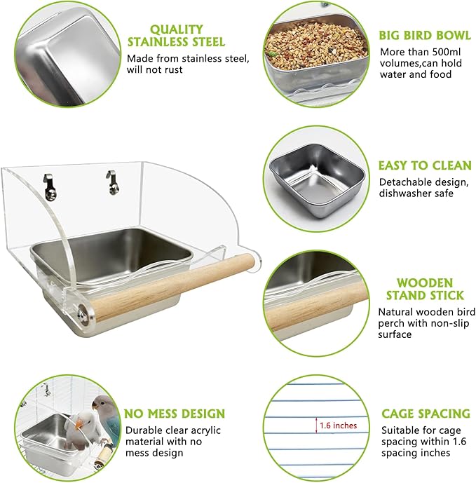 BNOSDM No Mess Bird Feeder for Cage with Stainless Steel Food & Water Bowl Wood Anti-Slip Perch Stand with Acrylic Parakeet Seed Dishes for Cockatiel, Lovebird, Canary, Finch, Conure (Hook)