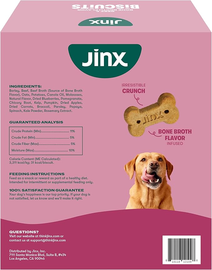 Jinx Oven-Baked Beef Bone Broth Biscuit Dog Treats - Crunchy, All Natural, Superfood-Rich with High-Protein Salmon, Dog Biscuits for Puppies, Adults & Seniors - 3LB (Pack of 4)