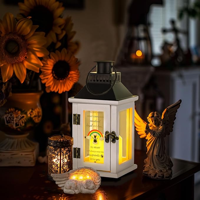 Memorial Gifts for Loss of Dog - Pet Sympathy Remembrance Passing Away Gift Ornament with LED Candle, White Bereavement Funerary Lantern Decor with Remote Control
