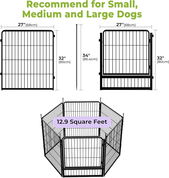 SunsGrove Dog Playpen Outdoor, Heavy Duty 32 Inch 6 Panels with Wider Door for Small and Medium Dogs, Free and Safe Play Dog Fence Indoor, Black