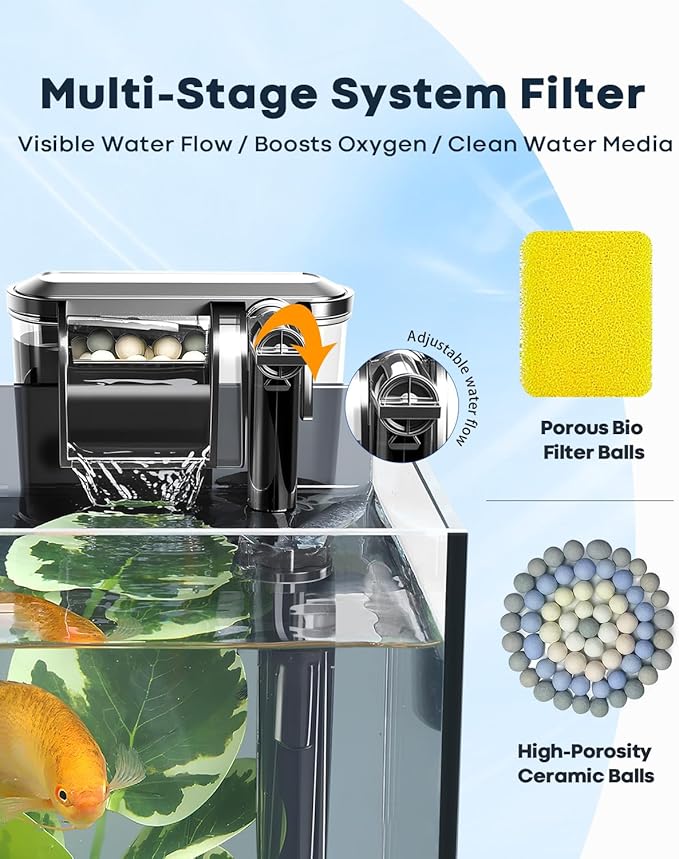 3 Gallon Small Fish Tank Glass Aquarium Set, Starter Kit with Heater Water Pump Cleaning Filter Bright Light Rocks Gravel Cleaning Tool, Leak-Proof Clear Rimless Desktop Spaces Saving Betta Fish