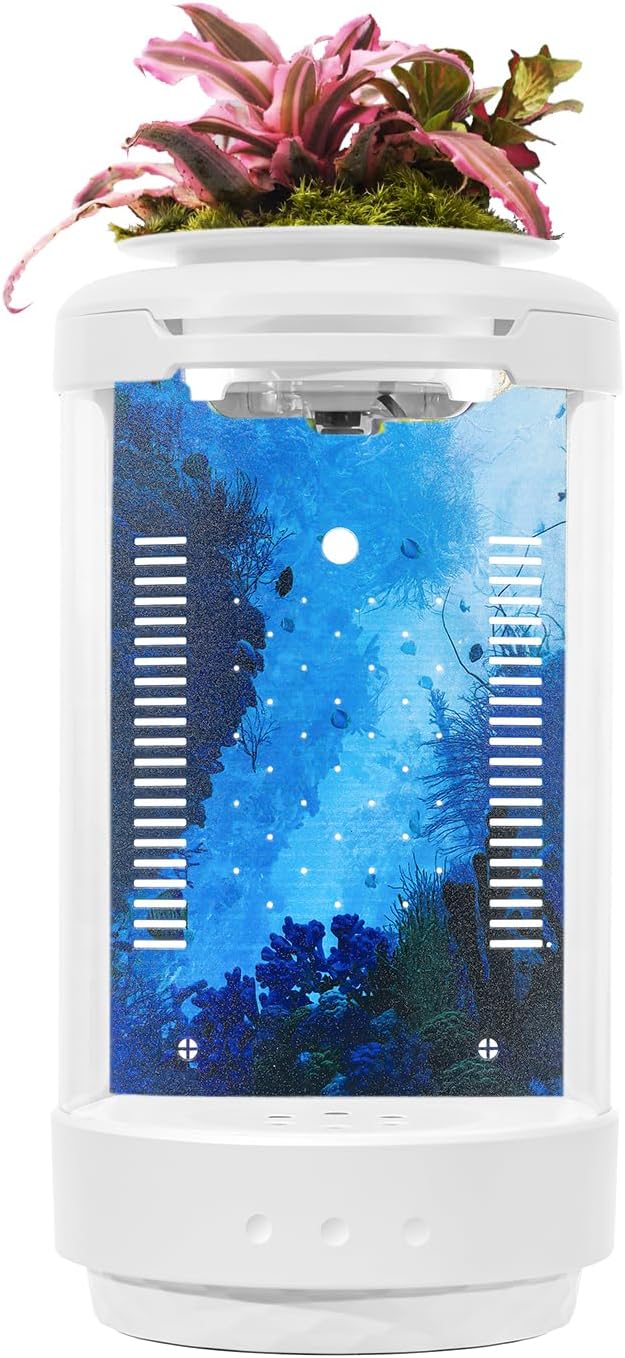 Small Fish Tank 1.2 Gallon Aquarium Starter Kit Desktop Mini Fish Bowl Small Betta Fish Tank with Plant Pot (Coral Reef)