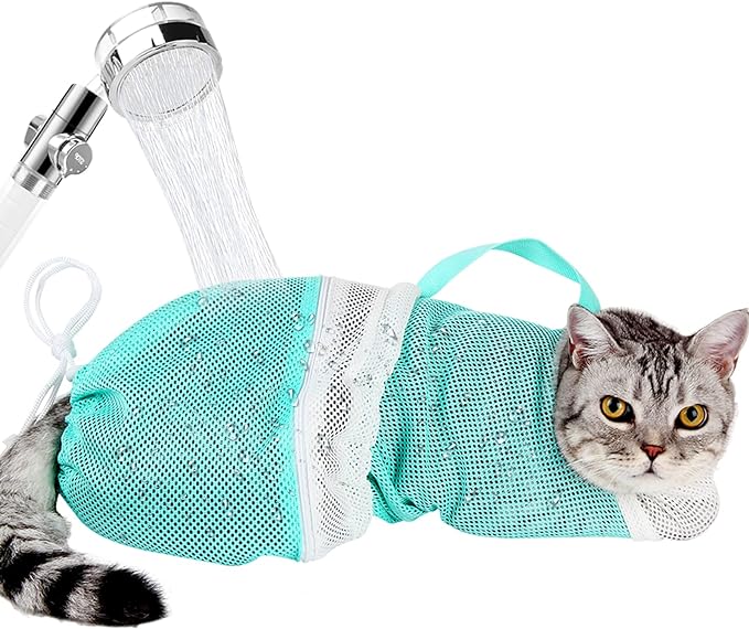 Cat Bathing Bag - Adjustable Cat Washing Net Anti-bite & Anti-Scratch Cat Shower Restraint Bag, Breathable Mesh Cat Grooming Bag for Bath, Nail Trimming & Injection