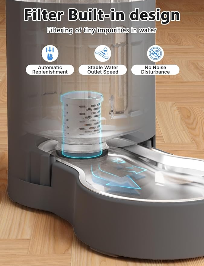 Cat Water Dispenser with Filter and Stainless Steel Bowl, Automatic Gravity Water Dispenser for Cats or Small Medium Size Dogs, Large Capacity, Easy to Clean and Safe for Pets (4L Grey)