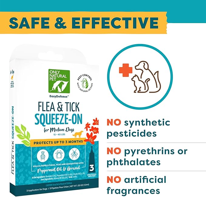 Only Natural Pet Flea and Tick Control for Large Breed Dogs (Over 40 lbs) - EasyDefense Flea & Tick Herbal Squeeze-On Drops - 3 Month Supply (L Sqz.)