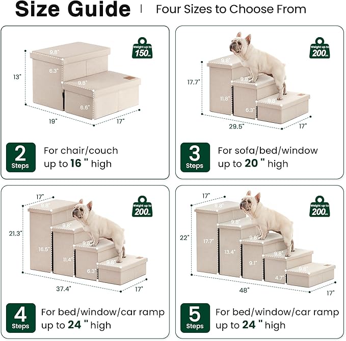 Love's cabin Dog Stairs for High Bed 22" H, Foldable Pet Stairs for Small Medium or Large Dogs Puppy with Storage for Bed or Couch, Cat Dog Steps Ramp with Zip up to 200 lbs, Beige, 5 Steps