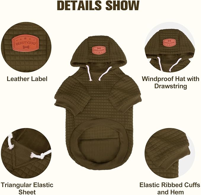 BEAUTYZOO Small Dog Hoodie Sweater with Pockets, Dog Clothes for Small Medium Dogs Boy Girl, Waffle-Like Laminated Cotton Pet Coats with Hat and Leash Hole, Army Green M