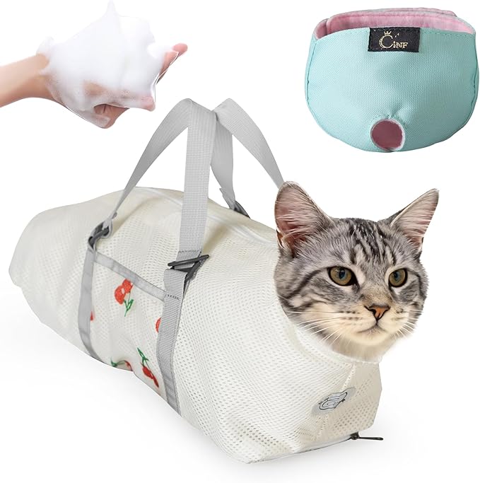 Cinf Cat Bathing Bag(Free Muzzle) Breathable Mesh Anti Scratch Adjustable Cat Grooming Bag for Nail Trimming, Bathing Soft Cat Washing Bag(White&Cherry) L