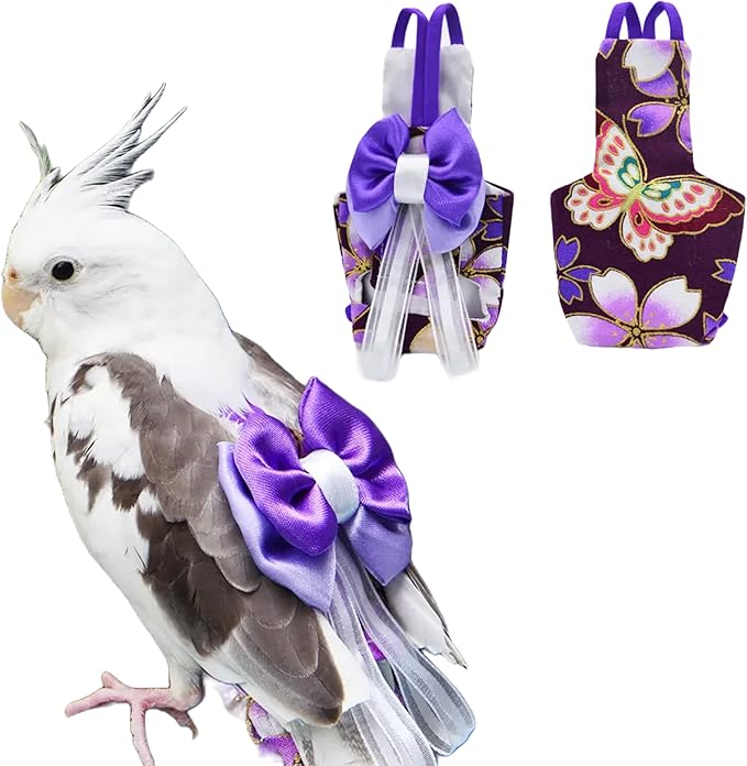 Bird Flight Suits Diapers, Parrot Flight Suits Diapers for Monk Parakeets, Cockatiels Flight Suits, Parrot Clothes, Bird Training Nappy Suit Liners Clothes (XS, Purple-A)