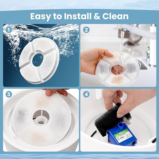 12 Pack Cat Water Fountain Filter, 8 Pcs Cat Fountain Filters Replacement Dia is 5" & 4 Pcs Pre-Filter Sponges for 81oz / 2.4L Round Automatic Pet Water Fountain Dog Dispenser, 3-Filtration System