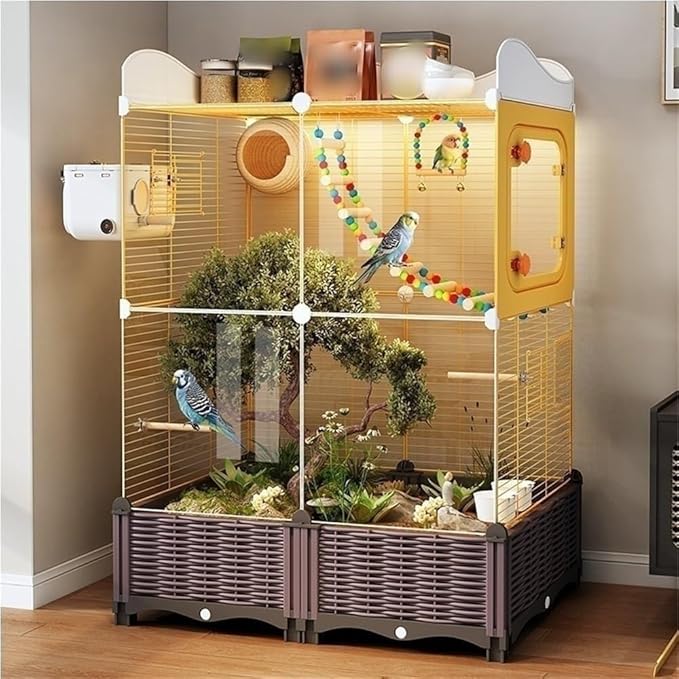 Parakeet Cage with Clear Front, Decorative Flight Birdcage with Accessories, Bird Cage for Cockatiels, Budgies, Finches, Canaries(Yellow)