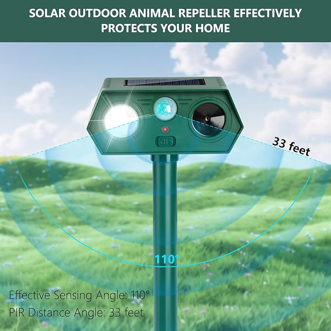 4Pack 2026 Ultrasonic Animal Repellent Outdoor Deer Repellent Devices Solar Animal Repeller Motion Activated Deterrent to Scare Cat Squirrel Rabbit Raccoon Skunk with LED Flash Lights for Yard Lawn