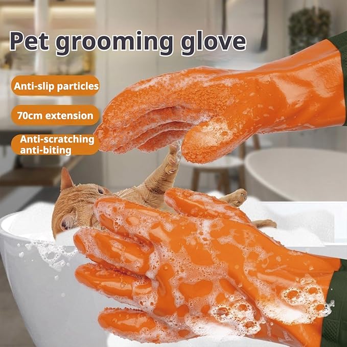 YOFANG Pet Grooming Gloves for Washing Dogs & Cats, 27.6" Extra Long Waterproof Rubber Bath Gloves, Anti-Bite Anti-Scratch Hair Removal Cat Bath Glove with Soft 3500+ Particles, Orange