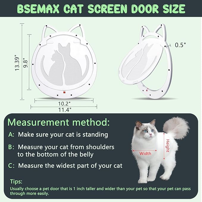 Cat Door for Screen Door, Cat Doors with Lockable Magnetic Flap, Inside Openning 10x10x0.5 inch, Pet Screen Doors Built-in for Puppy, Cats Up to 20 lbs, Equipped with Installation Tools, White