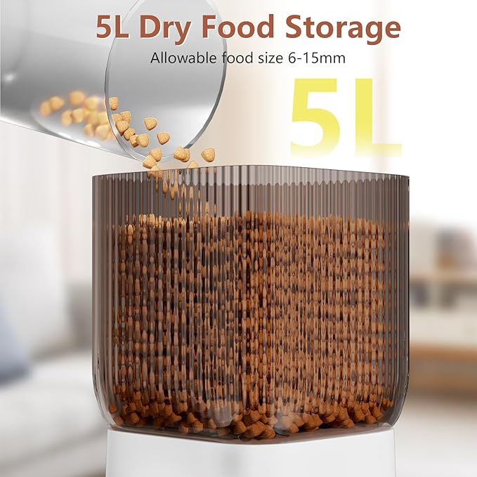 Automatic Cat Feeder with Camera, 5L Auto Dog Feeder with Night Vision Cat Food Dispenser with Stainless Steel Bowl, Pet Feeder for Small Pets Indoor (Vedio)
