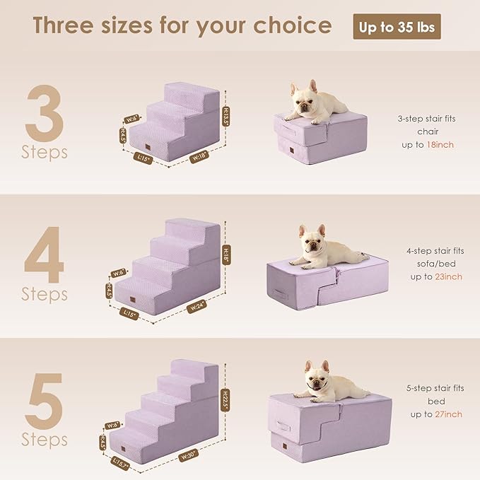 EHEYCIGA Dog Stairs for Small Dogs 13.5" H, 3-Step Dog Steps for Couch Sofa and Chair, Pet Steps for Medium Cats, Non-Slip Balanced Pet Ramp Indoor, Lilac