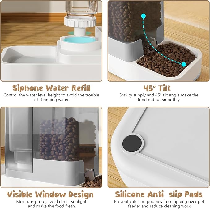 Automatic Cat Feeder and Water Dispenser, 2 in 1 Gravity Pet Food Feeder and Water Dispenser Detachable Cat Food Dispenser for Small Dogs and Cats, White