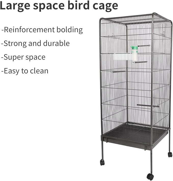 Steel Bird Cage with Rolling Stand, Plastic Feeder, PP Slide-Out Tray Large Flight Cage for Parrots, Parakeets, Cockatiels, Pigeons and Lovebirds Big Bird Cage Antique Gray As Shown