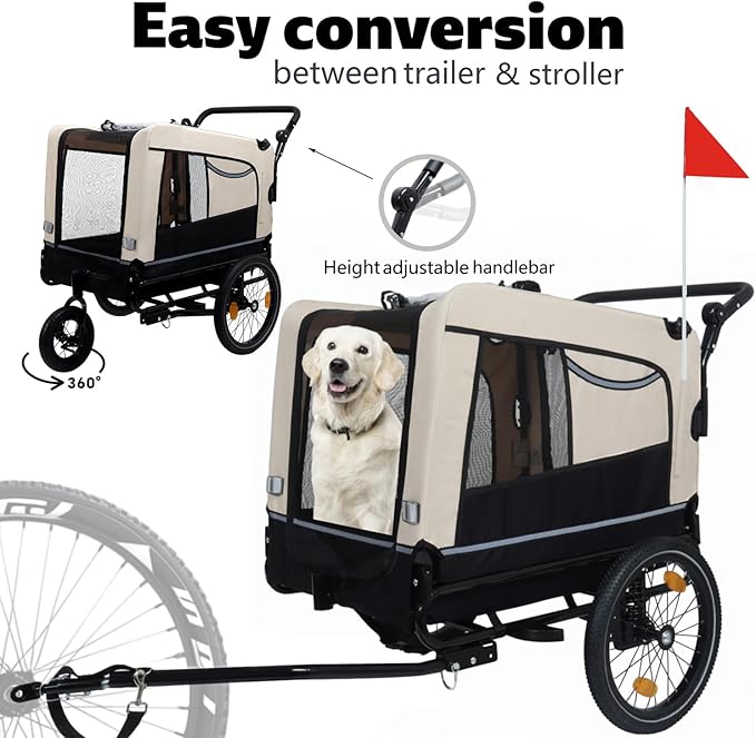 Extra Large Dog Bike Trailer, 2-in-1 Convertible Pet Stroller Cart Bicycle Carrier with Swivel Wheels & Universal Hitch, Foldable Pet/Cargo Carrier for Bicycles Camping Hiking