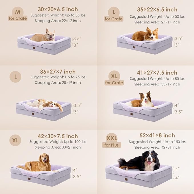 EHEYCIGA Orthopedic Dog Bed for Large Sized Dog, 41x27x7.5 Inch Large Memory Foam Dog Couch Bed with Sides, Waterproof Liner & Washable Removable Cover, Bolster Pet Sofa, Purple
