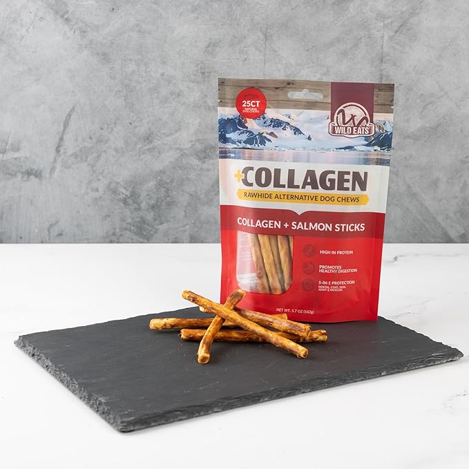 Wild Eats Collagen Real Salmon Sticks for Dogs 25ct - Long Lasting Dog Chews No Hide Dog Treat Bully Stick Alternative, Rawhide Free, Grain Free, High Protein
