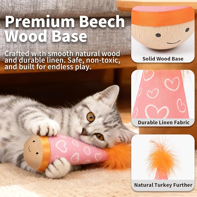 Lulu's world Cat Feather Toy, Catnip-Free Wooden Tumbler for Kittens & Indoor Cats, Interactive Wobble Starter Toy (Niuniu)