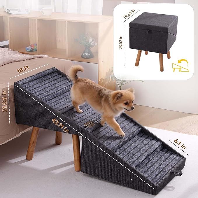 21.06” Dog Stairs for High Bed, 6-Step Pet Stairs with Split Ottoman Design - Tall Dog Steps Convertible to Bedside Table Nightstand, Large Non-Slip Stairs for Big Medium Dogs to Bed (Black)