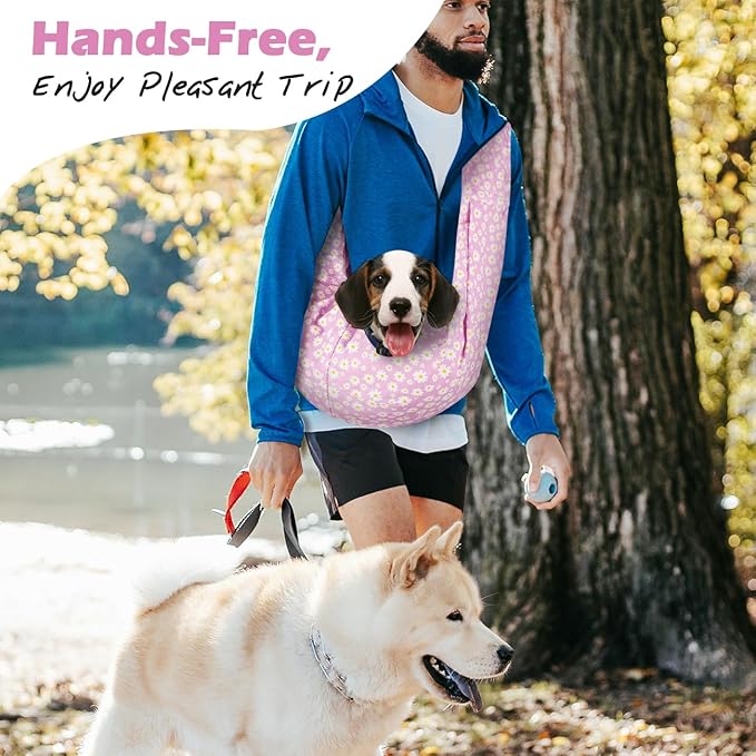 Pawaboo Small Dog Sling Carrier, Reversible Hands Free Dog Sling Carriers for Small Dogs and Cats, Puppy Slings Carrier with Safety Harness, Puppy Essentials, Pink Daisy