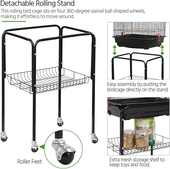 Yaheetech 64'' Bird Cage, Open Top Parakeet Cage w/Slide-Out Tray, Feeders, Detachable Rolling Stand, Bird Cages for Parrot, Cockatiel, Budgie, Parakeets, Lovebird, Small Medium Birds