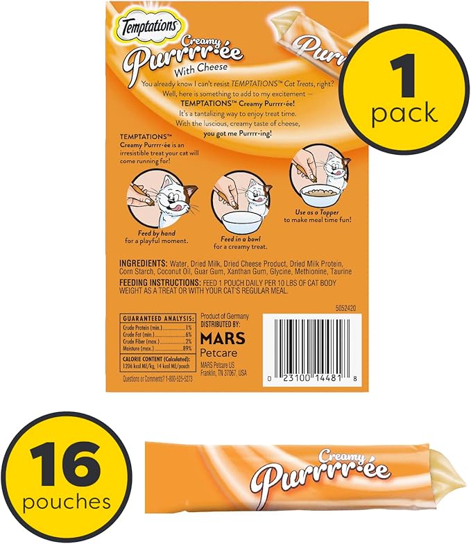 Temptations Creamy Puree Squeezable Lickable Cat Treats, Wet Cat Treats with Cheese, 0.42 oz. Tubes, 16 Count