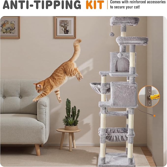 Sweetcrispy 71 inch Cat Tree Tower, Large Multi Level Cat Climbing Tower with Condo, Natural Sisal Scratching Posts, Platform, Hammock, Basket, Tall Pet Tree House for Indoor Cats Play, Light Grey