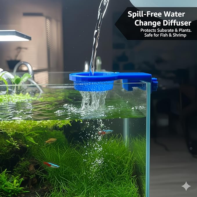Aquarium Water Change Diffuser, Spill-Free Tool for Rimless & Rimmed Fish Tanks, Protects Substrate & Plants, Safe for Fish and Shrimp (Large)