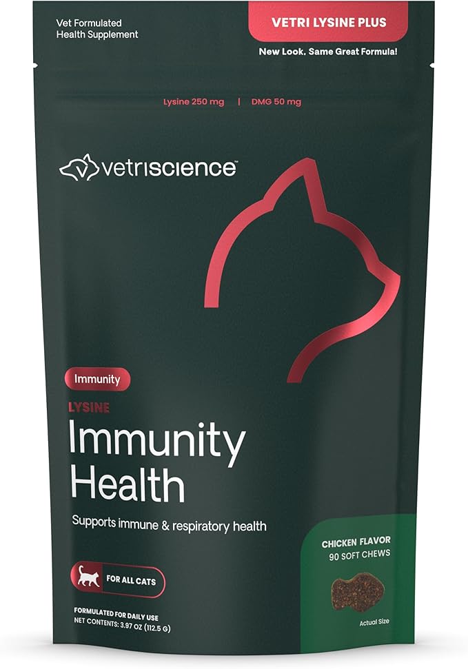 VetriScience Lysine Immunity Health Chews, 250 mg Lysine Plus Immune Supplement for Cats and Kittens with Allergies, Sneezing, Runny Nose and Watery Eyes, Chicken, 90 Count