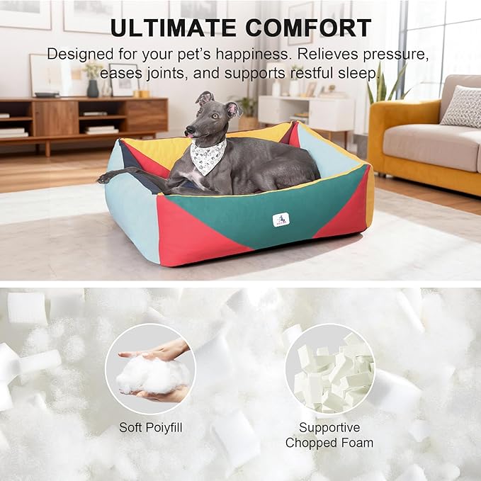 Washable Rectangle Dog Bed with Removable Cover, Color-Block Gingham Cotton Large Dog Sofa, Durable Breathable Scratch Resistant Pet Bed, Large