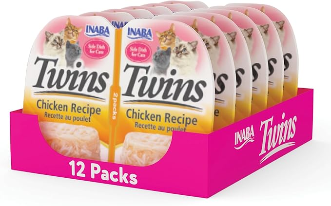 INABA Twins for Cats, Grain-Free Shredded Chicken & Broth Gelée Side Dish/Complement/Topper Cups, 1.23 Ounce - 2 Count (Pack of 6), Chicken Recipe