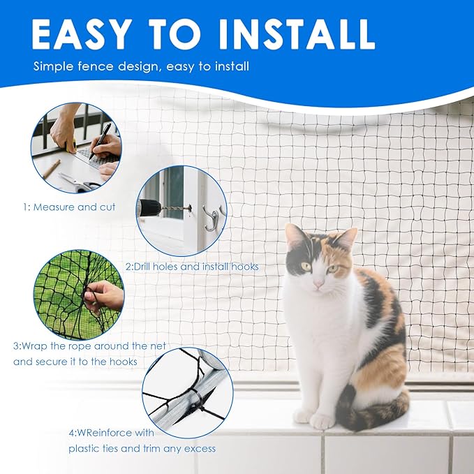 Cat Balcony Nets,10×13ft Carbon Steel Reinforced Anti-Fall Netting for Pets, Cat Safety Net Mesh Fence, Enduring Small Catio for Apartment Balcony Protection