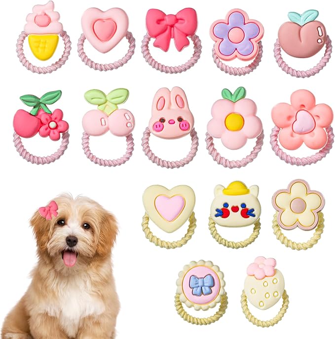 30 PCS Small Dog Hair Bows with Rubber Bands, Pink & Yellow, Cartoon Pattern, Decorative Accessories for Small & Medium Dogs, Puppy, 10+ lbs, All Seasons, Lightweight & Durable
