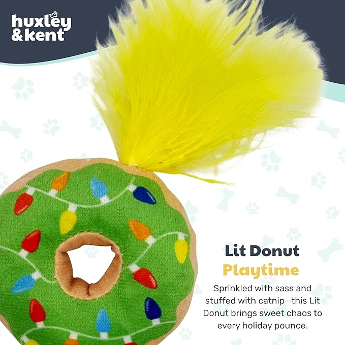 Huxley & Kent Plush Cat Toy - Holiday Interactive Catnip Toy for Cats & Kittens - Soft with Crinkle & Catnip - Fun Indoor Play - Lit Donut