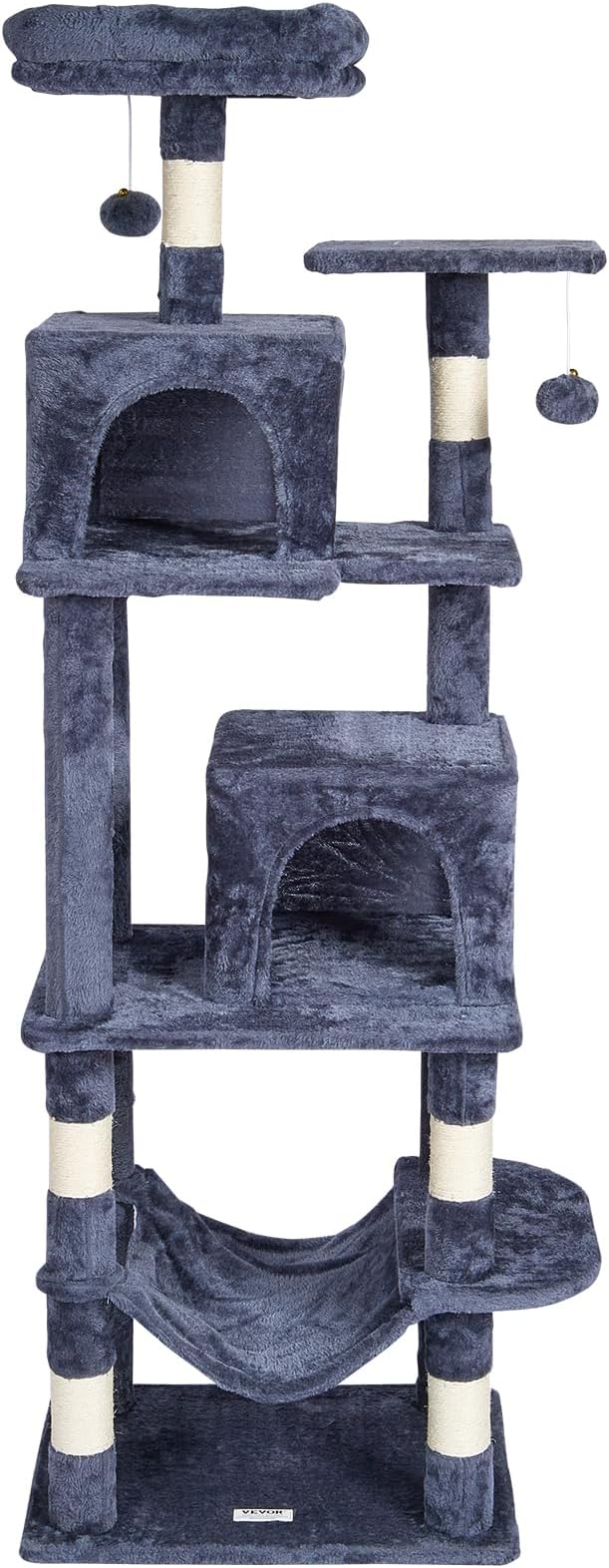 VEVOR Cat Tree for Indoor Cats, 63" Cat Tower with 2 Cat Condos, Sisal Scratching Post, Hammock, Top Perch, Jumping Platforms, Large Cat Furniture Activity Center with Hang Ball, Dark Grey