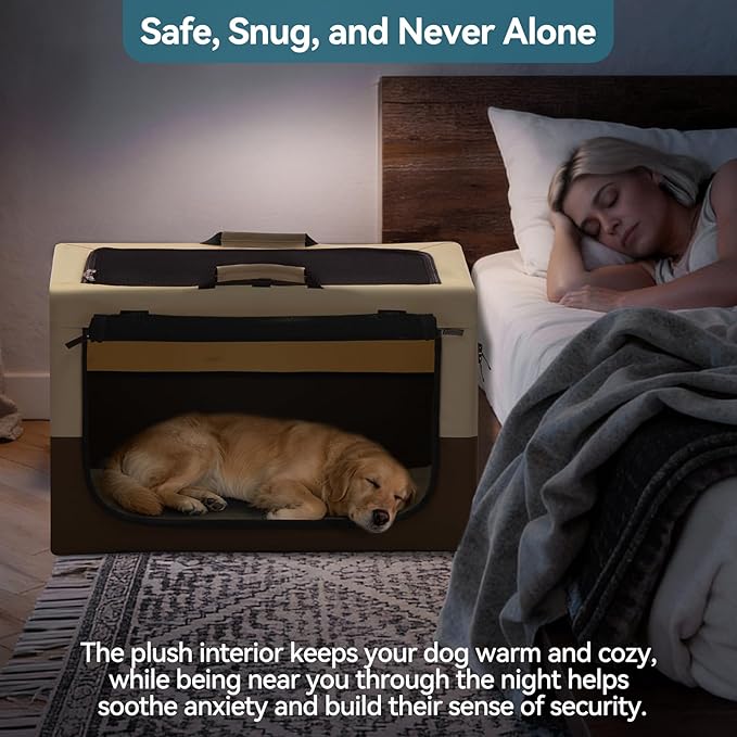 PETSFIT Portable Dog Crate for Medium Large Dogs, – 36" Soft Dog Travel Crates with Lockable Zippers & Thicken Mat, Adjustable Patented Spiral Steel Frame, Collapsible Kennel for Indoor & Outdoor