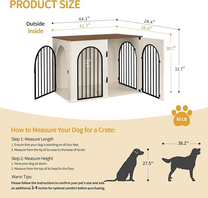 44.1" Wooden Dog Crate Furniture, Indoor Dog Kennel Dogs Cage for Small/Medium/Large Dogs, Heavy Duty Dog Crates Decorative Pet House End Side Table TV Stand, White Brown DFC83914B