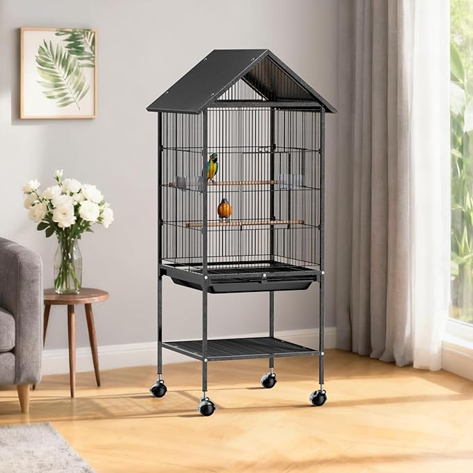 VINGLI Bird Cage with Wheels, 50 inch Wrought Iron Cage with Spire Roof, Bird Cages with Rolling Stand for Parrots, Cockatiels, Budgies, Lovebirds, Small/Medium Birds (50" H with Spire Roof)
