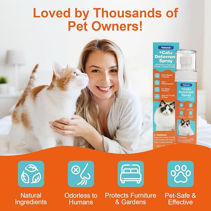 Cat Deterrent Spray, Natural Cat Repellent Spray with Citrus Scent, Indoor & Outdoor Traning Aid for Urine Marking & Anti-Scratch, Safe for Furniture, Plant & Rugs, (150ml/5.28oz)