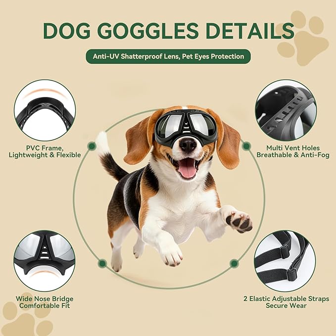 PETLESO Dog Goggles for Small to Medium Breeds, Small Dog Sunglasses UV Protection Windproof Snowproof, Outdoor Driving/Riding/Hiking Eyes Wear, Soft Frame Adjustable Straps, Silver Lens