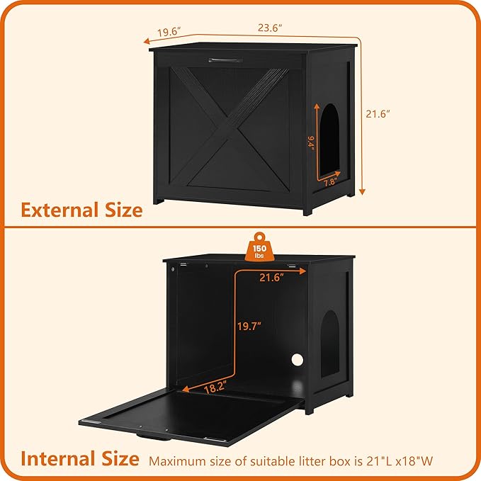 Dwanton Cat Litter Box Furniture Hidden, Cat Litter Box Enclosure, Reversible Entrance Can Be on Left or Right Side, Indoor Cabinet, Wooden Washroom, End Table, Nightstand, Black, 23.6" L