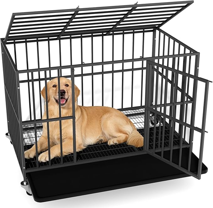 48 inch Heavy Duty Dog Crate with Dual Doors and Lockable Wheels, Large Dog Kennel Indoor, Removable Tray for Easy Cleaning, Dog Cage for Medium to Large Breeds and Anxious Dogs